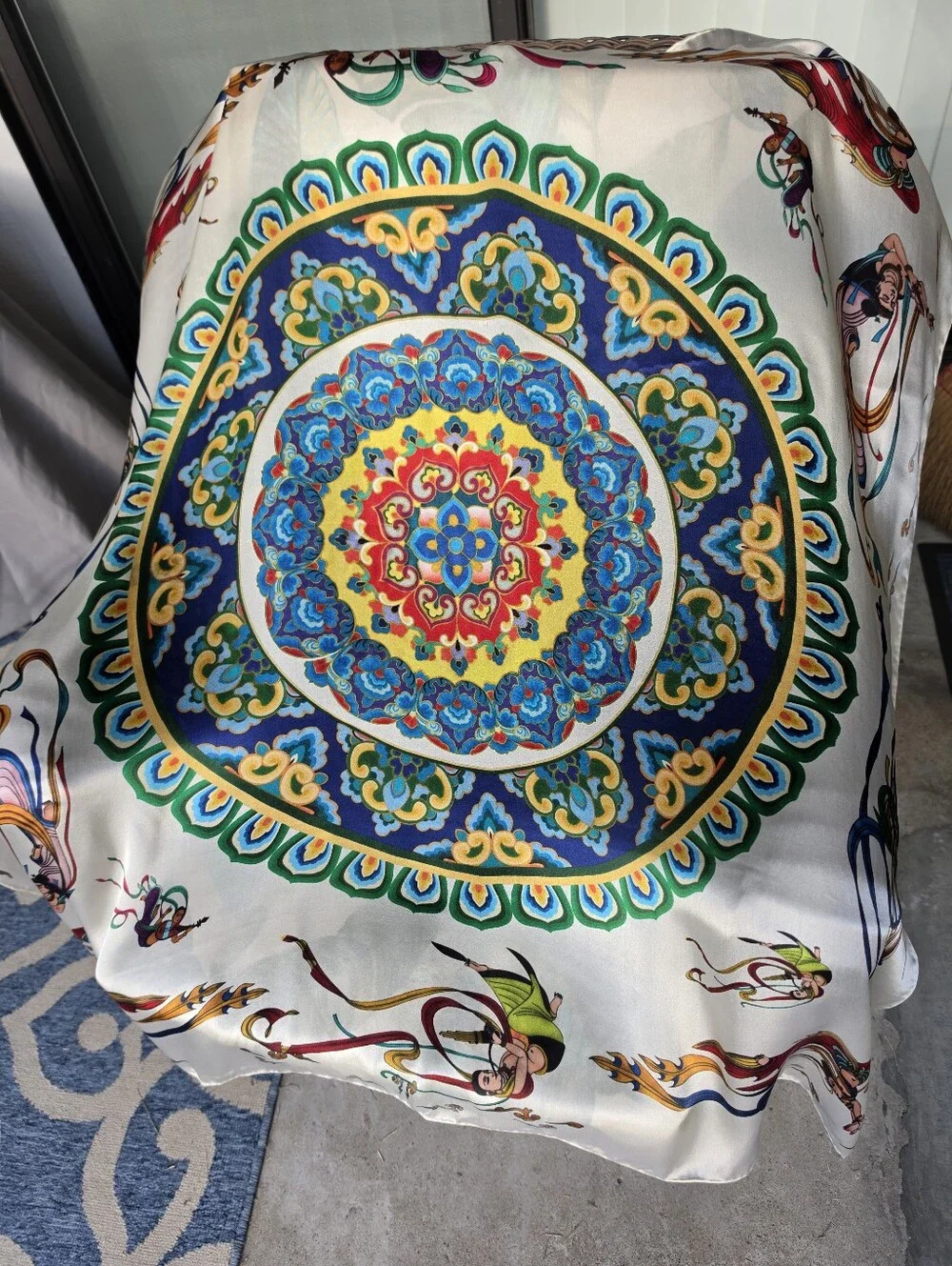 Vintage 100% Silk Scarf Hand Rolled Hem.  DunHuang Art 43x41